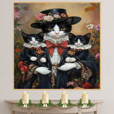 Elegant Blossoms: Tuxedo Cat Mom Carrying Two Kittens in a Victorian Gown on Ready to Hang 1.5" Thick Canvas Wrap, Floating Framed Canvas, Flat Rolled Canvas